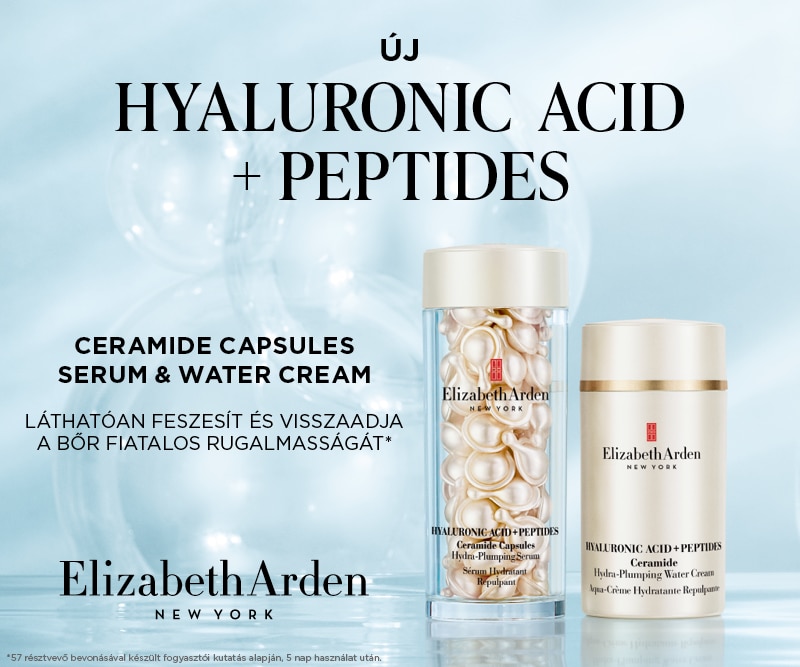 HA+PEPTIDES_DURAS_DUO_PRODUCT_ONLY_800x667px_Hero home page.png Elizabeth Arden Hyaluronic Acid + Peptide ceramid kapszulák és hidratáló krém termékpáros világoskék háttéren.